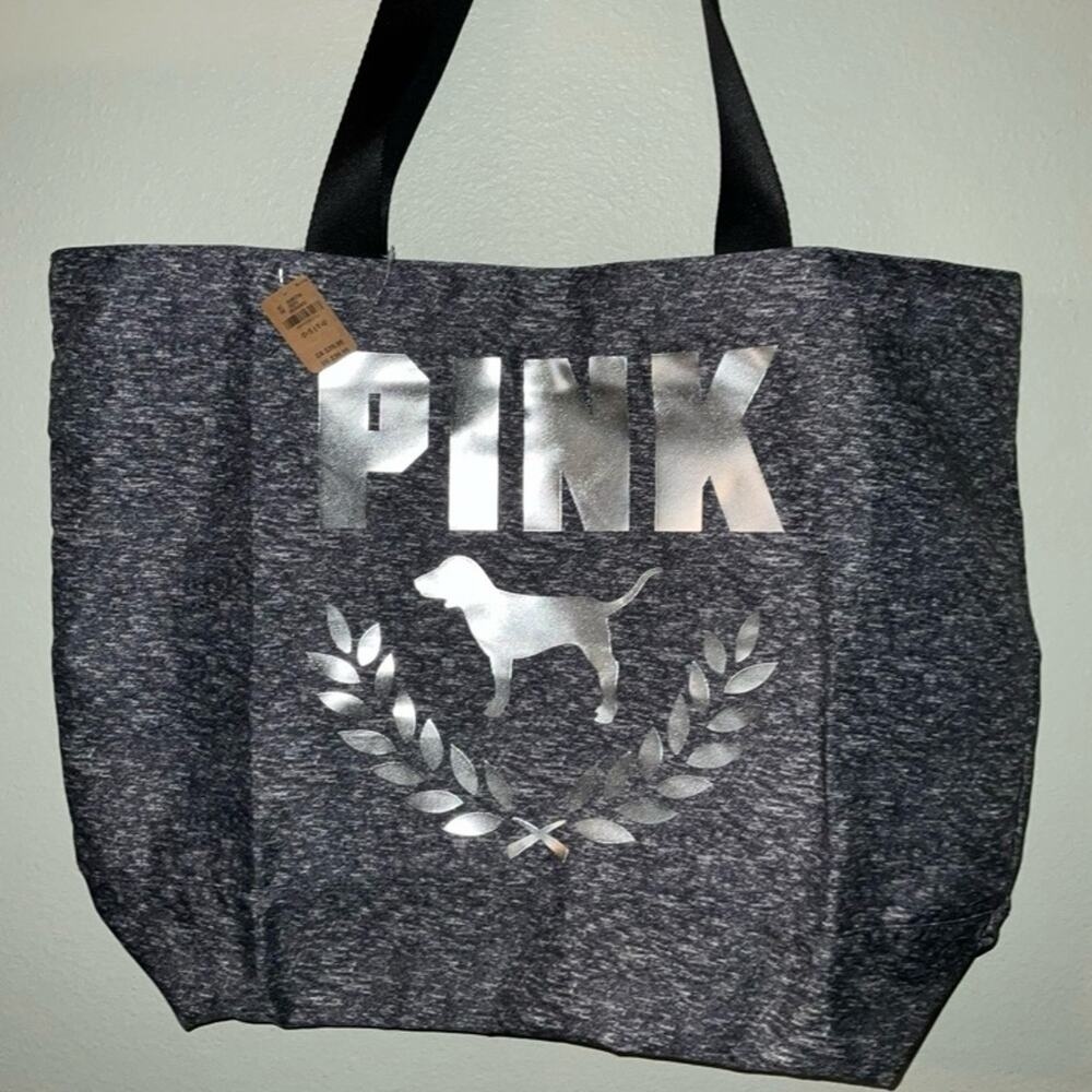Victoria's Secret PINK Tote Bag Charcoal Gray Silver Metallic overnight
